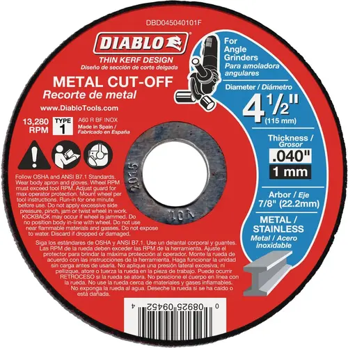 Type 1 4-1/2 In. x 0.040 In. x 7/8 In. Metal Cut-Off Wheel - pack of 15