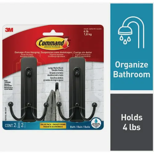 Large Double Bath Hook, Matte Black, 2 Hooks, 2 Strips Large Double Bath Hook, Matte Black, 2 Hooks, 2 Strips