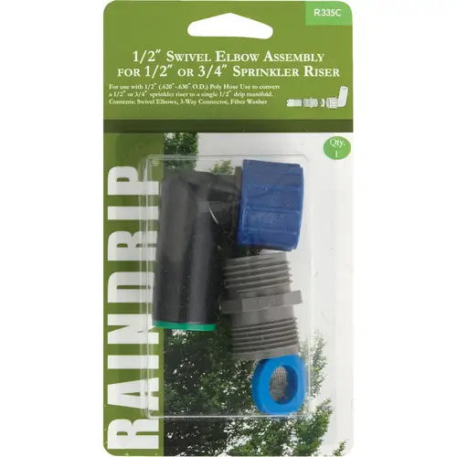 Sprinkler Riser Adapter, Multi-Inlet x 1/2-In. Tubing, Swivel Elbow Black Sprinkler Riser Adapter, Multi-Inlet x 1/2-In. Tubing, Swivel Elbow Black