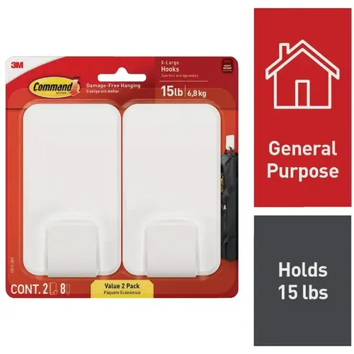 Extra Large 15 Lb. Adhesive Hook, White, 2 Hooks, 8 Strips