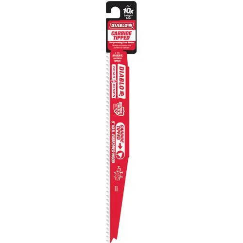 Demo Demon 9 In. 6 TPI Carbide Wood w/Nails Reciprocating Saw Blade Red Demo Demon 9 In. 6 TPI Carbide Wood w/Nails Reciprocating Saw Blade Red