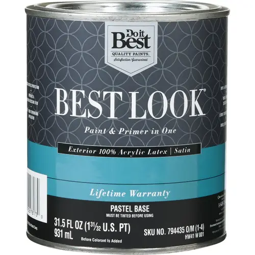 Best Look 100% Acrylic Latex Premium Paint & Primer In One Satin Exterior House Paint, Pastel Base, 1 Qt. Best Look 100% Acrylic Latex Premium Paint & Primer In One Satin Exterior House Paint, Pastel Base, 1 Qt.