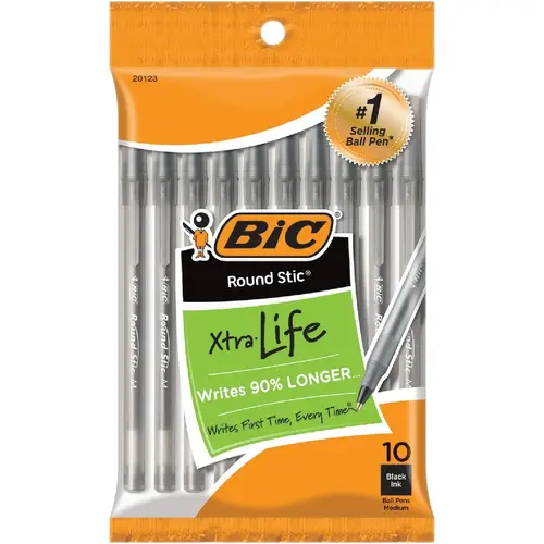 Round Stic Medium Point Black Ball Pen - pack of 10