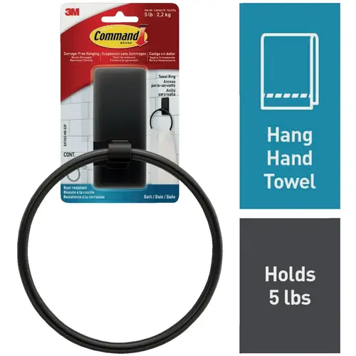 Bath Matte Black Adhesive Towel Ring, 2 Strips