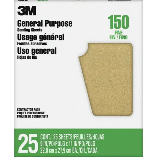 General Purpose 9 In. x 11 In. Aluminum Oxide Very Fine Sandpaper, 150 Grit - pack of 25 General Purpose 9 In. x 11 In. Aluminum Oxide Very Fine Sandpaper, 150 Grit - pack of 25