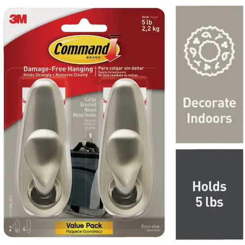 Large Forever Classic Hook, Brushed Nickel, 2 Hooks, 4 Strips