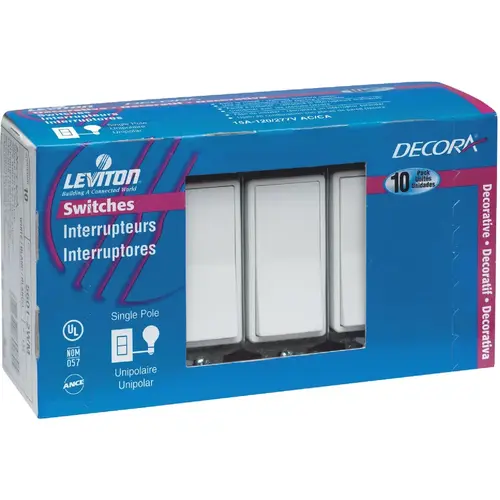 Decora Residential Grade 15 Amp Rocker Single Pole Switch, (White, - pack of 10 Decora Residential Grade 15 Amp Rocker Single Pole Switch, (White, - pack of 10