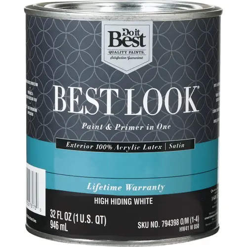 Best Look 100% Acrylic Latex Premium Paint & Primer In One Satin Exterior House Paint, High Hiding White, 1 Qt. Best Look 100% Acrylic Latex Premium Paint & Primer In One Satin Exterior House Paint, High Hiding White, 1 Qt.