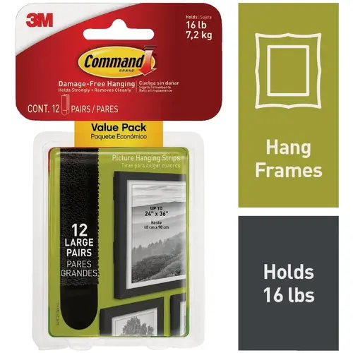 16 Lb. Black Picture Hanging Strips Value Pack, 12 Sets of Strips