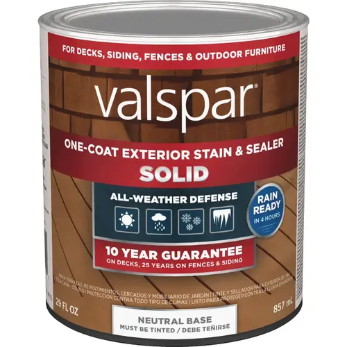 Valspar One-Coat Stain and Sealer, Solid, Neutral Base, Liquid, 1 qt Valspar One-Coat Stain and Sealer, Solid, Neutral Base, Liquid, 1 qt