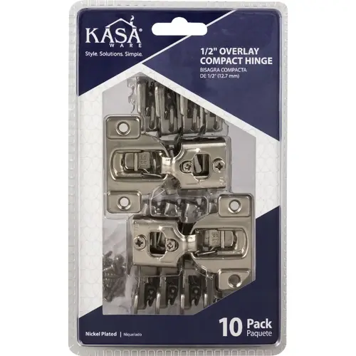 KasaWare Hinge, 1/2 in Overlay, Nickel, 10/PK - pack of 10