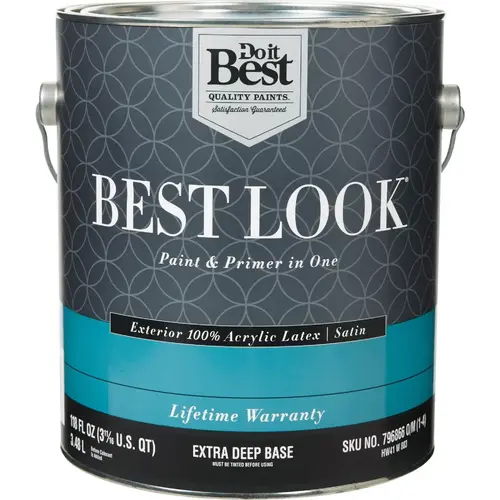 Best Look 100% Acrylic Latex Premium Paint & Primer In One Satin Exterior House Paint, Extra Deep Base, 1 Gal. Best Look 100% Acrylic Latex Premium Paint & Primer In One Satin Exterior House Paint, Extra Deep Base, 1 Gal.