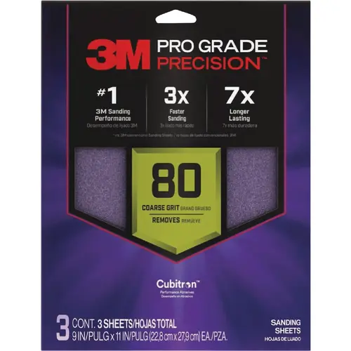 Pro Grade Precision 9 In. x 11 In. 80 Grit Sandpaper Sheet with No-Slip Grip Backing - pack of 3