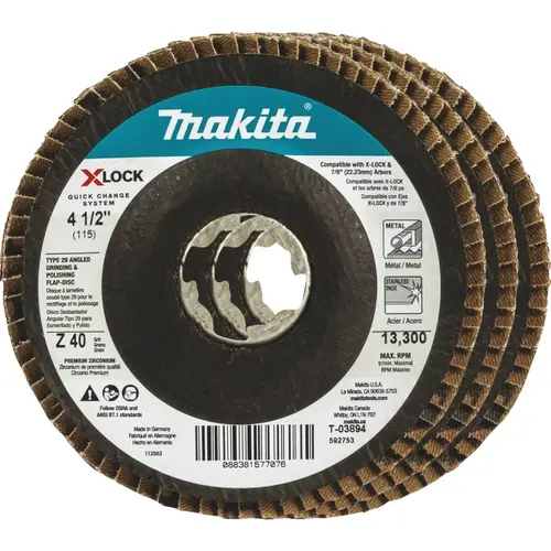 X-LOCK 4-1/2 In. x 7/8 In. 40-Grit Type 29 Zirconia Angle Grinder Flap Disc - pack of 3 X-LOCK 4-1/2 In. x 7/8 In. 40-Grit Type 29 Zirconia Angle Grinder Flap Disc - pack of 3