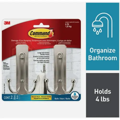 Large Double Bath Hook, Satin Nickel, 2 Hooks, 2 Strips Large Double Bath Hook, Satin Nickel, 2 Hooks, 2 Strips