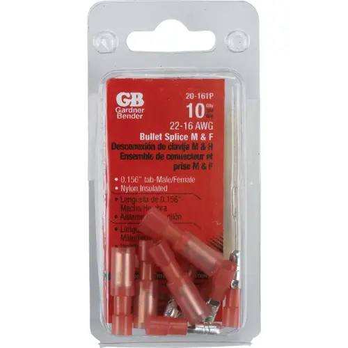 22 to 16 AWG Male/Female Fully-Insulated Bullet Connector Pair - pack of 10 22 to 16 AWG Male/Female Fully-Insulated Bullet Connector Pair - pack of 10