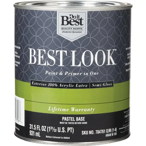 Best Look 100% Acrylic Latex Premium Paint & Primer In One Semi-Gloss Exterior House Paint, Pastel Base, 1 Qt. Best Look 100% Acrylic Latex Premium Paint & Primer In One Semi-Gloss Exterior House Paint, Pastel Base, 1 Qt.