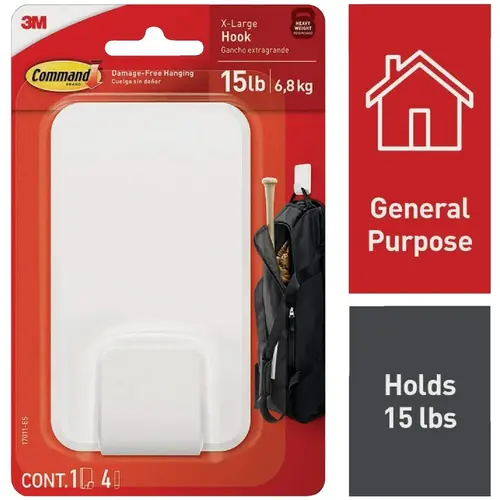 Extra Large 15 Lb. Adhesive Hook, White, 1 Hook, 4 Strips Extra Large 15 Lb. Adhesive Hook, White, 1 Hook, 4 Strips