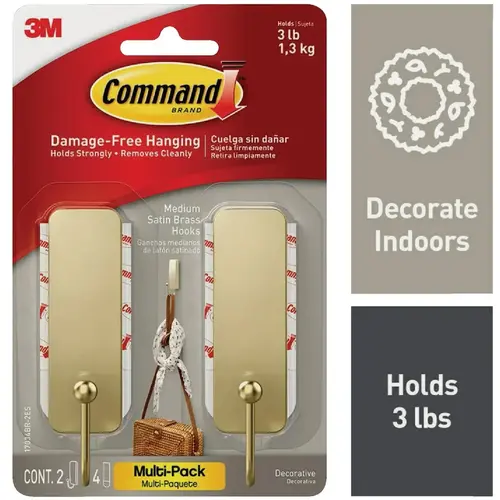 Medium Satin Brass Decorative Hook , 2 Hooks, 4 Strips