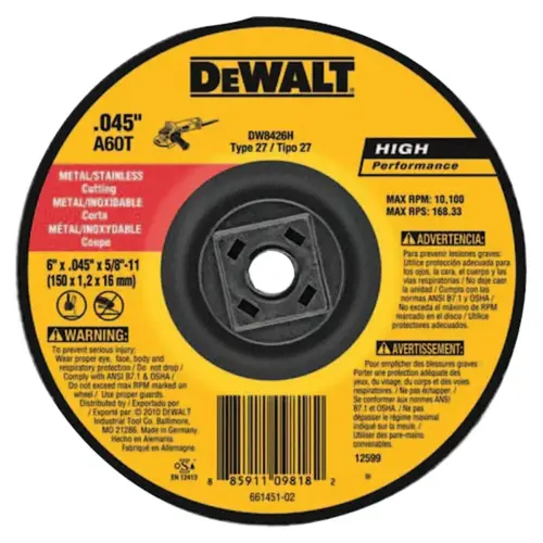 High Performance Cutting Wheel, Type 27, 6 in dia x 0.045 in Thick x 5/8 in-11 Arbor, 60 Grit, Aluminum Oxide - pack of 10 High Performance Cutting Wheel, Type 27, 6 in dia x 0.045 in Thick x 5/8 in-11 Arbor, 60 Grit, Aluminum Oxide - pack of 10