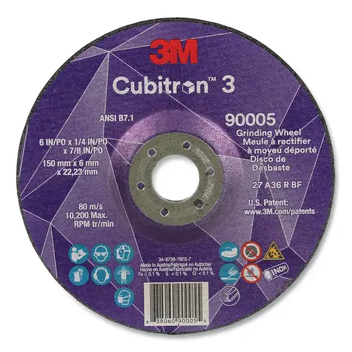 Cubitron 3 Depressed Center Grinding Wheel, 6 in dia x 1/4 in Thick x 7/8 in Arbor, 36+ Grit, T27 - pack of 10 Cubitron 3 Depressed Center Grinding Wheel, 6 in dia x 1/4 in Thick x 7/8 in Arbor, 36+ Grit, T27 - pack of 10