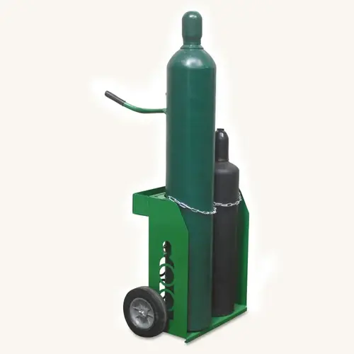 Cylinder Box Cart, for Oxygen and Acetylene, 13.66 in D x 24.5 in W x 43.63 in H, 10 in Semi-Pneumatic Tires Green Cylinder Box Cart, for Oxygen and Acetylene, 13.66 in D x 24.5 in W x 43.63 in H, 10 in Semi-Pneumatic Tires Green
