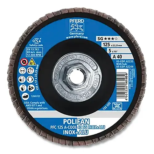 POLIFAN Type 29 SG Flap Disc, 5 in dia, 40 Grit, 5/8 in-11 Threaded Arbor dia, 12200 RPM, Aluminum Oxide A-Cool - pack of 10 POLIFAN Type 29 SG Flap Disc, 5 in dia, 40 Grit, 5/8 in-11 Threaded Arbor dia, 12200 RPM, Aluminum Oxide A-Cool - pack of 10