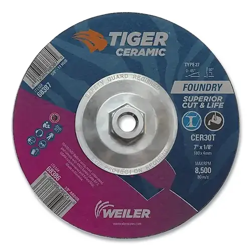 Tiger Grinding Wheel, Combo, 7 in dia x 1/8 in Thick x 5/8 in-11 Arbor, 30 Grit, Ceramic Alumina, Type 27, 10 EA/BX Black - pack of 10 Tiger Grinding Wheel, Combo, 7 in dia x 1/8 in Thick x 5/8 in-11 Arbor, 30 Grit, Ceramic Alumina, Type 27, 10 EA/BX Black - pack of 10