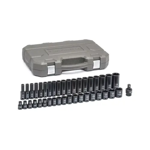 Impact Socket Set, 1/2 in Dr, 6-point, Metric, 9 mm to 30 mm, 39-Pc Deep/Standard Lengths, Incl Univ Jt/Blow Mold Case