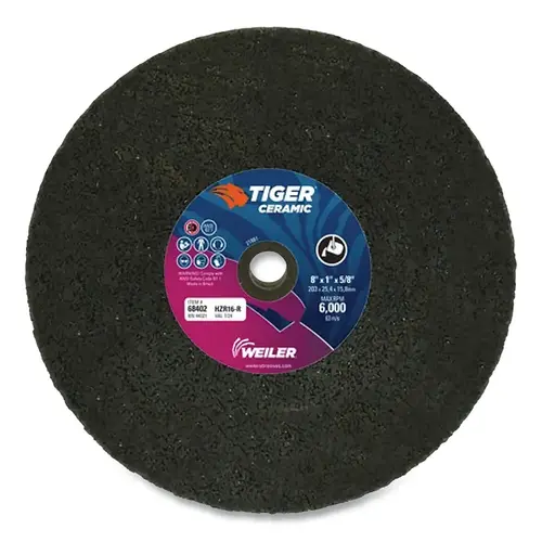 Tiger Snagging Wheel, 8 in dia x 1 in Thick x 5/8 in Arbor, 16 Grit, Zirconia Alumina, Type 1, 5 EA/BX Brown - pack of 5 Tiger Snagging Wheel, 8 in dia x 1 in Thick x 5/8 in Arbor, 16 Grit, Zirconia Alumina, Type 1, 5 EA/BX Brown - pack of 5