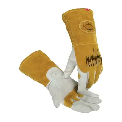 1868 revolution Goat Grain FR Back Unlined Palm TIG/MIG Welding Gloves, Medium, Gold/White, 4 in cuff Pair 1868 revolution Goat Grain FR Back Unlined Palm TIG/MIG Welding Gloves, Medium, Gold/White, 4 in cuff Pair