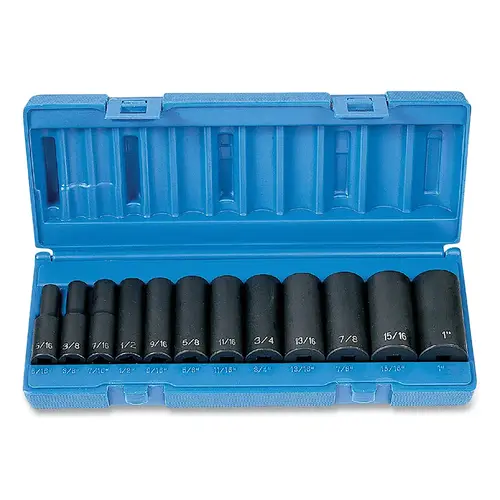 Impact Socket Set, 3/8 in Dr, SAE, 6-point, 5/16 in to 1 in, 12-Pc Deep Length Impact Socket Set, 3/8 in Dr, SAE, 6-point, 5/16 in to 1 in, 12-Pc Deep Length