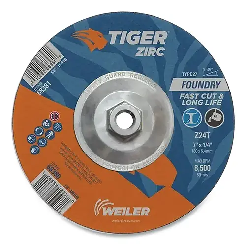 Tiger Grinding Wheel, 7 in dia x 1/4 in Thick x 7/8 in Arbor, 24 Grit, Zirconia Alumina, Type 27, 10 EA/BX Black - pack of 10 Tiger Grinding Wheel, 7 in dia x 1/4 in Thick x 7/8 in Arbor, 24 Grit, Zirconia Alumina, Type 27, 10 EA/BX Black - pack of 10
