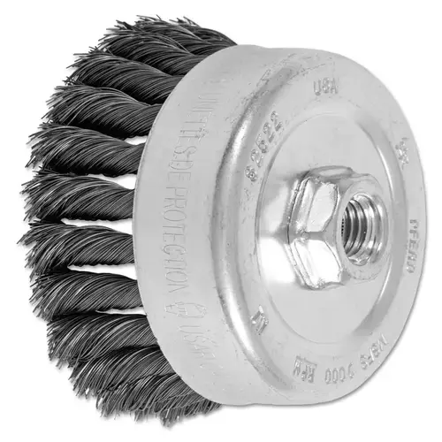 Std. Twist Single Row Cup Brush, 4 in Dia., 5/8 Arbor, 1 1/4 x .014 Carbon Steel Std. Twist Single Row Cup Brush, 4 in Dia., 5/8 Arbor, 1 1/4 x .014 Carbon Steel