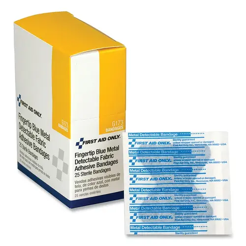 Blue Metal Detectable Bandage, 1-3/4 in W, 2 in L, Fingertip, Fabric - pack of 18