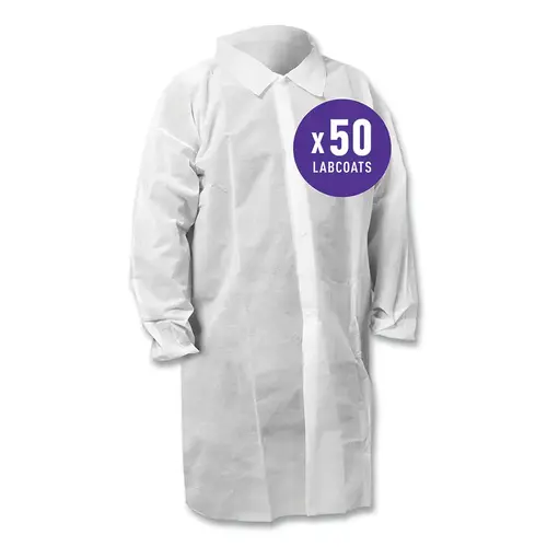 KLEENGUARD KGA10 STANDARD WEIGHT LAB COAT, WHITE - pack of 50 KLEENGUARD KGA10 STANDARD WEIGHT LAB COAT, WHITE - pack of 50