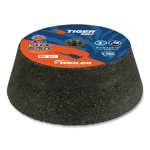 Tiger Flaring Cup Wheel, 6 in/4-3/4 in dia x 2 in Thick x 5/8 in-11 Arbor, 1-1/2 in Rim, 16 Grit, ZTA, Type 11, 5 EA/BX Brown - pack of 5 Tiger Flaring Cup Wheel, 6 in/4-3/4 in dia x 2 in Thick x 5/8 in-11 Arbor, 1-1/2 in Rim, 16 Grit, ZTA, Type 11, 5 EA/BX Brown - pack of 5