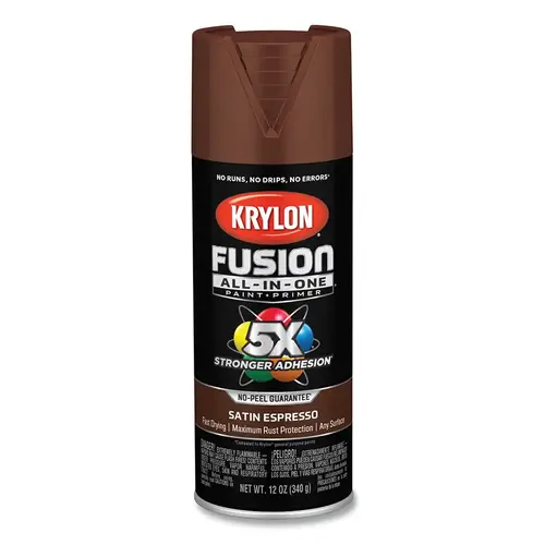 Fusion All-in-One Paints + Primers, 12 oz, Aerosol Can, Satin Espresso Fusion All-in-One Paints + Primers, 12 oz, Aerosol Can, Satin Espresso