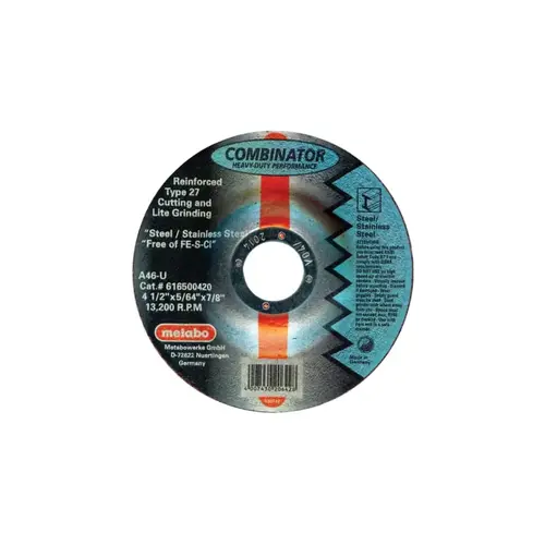 Grinding/Cutting Wheel, 6 in Dia, 0.45 in Thick, A 46 U Grit Stainless Steel Black - pack of 25 Grinding/Cutting Wheel, 6 in Dia, 0.45 in Thick, A 46 U Grit Stainless Steel Black - pack of 25