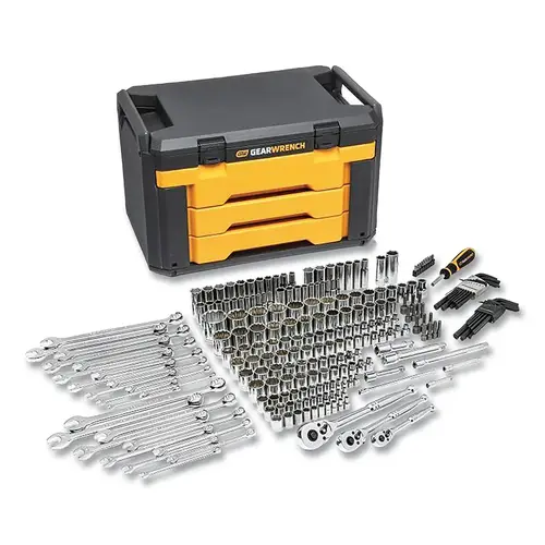 Mechanics Tool Set in 3 Drawer Storage Box, 257 Pc, 1/4 in 3/8 in and 1/2 in Drive, Metric/SAE