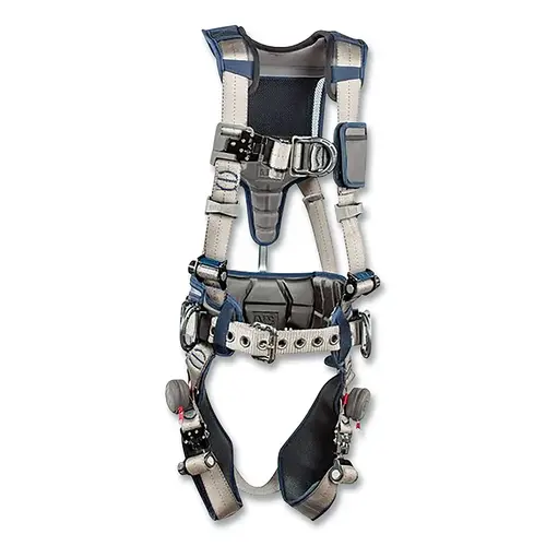 ExoFit STRATA Construction Style Positioning/Climbing Harness, Back/Front/Hip D-Ring, X-Large, Tri-lock Revolver Quick Connect Blue/Gray ExoFit STRATA Construction Style Positioning/Climbing Harness, Back/Front/Hip D-Ring, X-Large, Tri-lock Revolver Quick Connect Blue/Gray