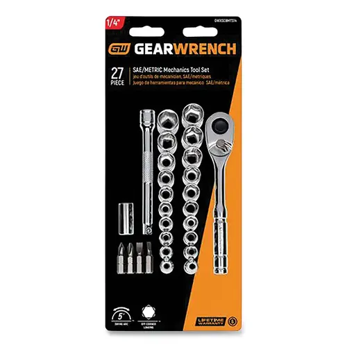 Mechanics Hand Tool Set, 27 Pc, 1/4 in Drive, Socket Rail and Bit Holder, Metric/SAE - pack of 3