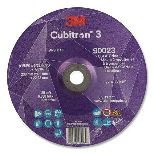 Cubitron 3 Cut and Grind Wheel, 9 in dia x 5/32 in Thick x 7/8 in Arbor, 36+ Grit, T27 - pack of 10 Cubitron 3 Cut and Grind Wheel, 9 in dia x 5/32 in Thick x 7/8 in Arbor, 36+ Grit, T27 - pack of 10