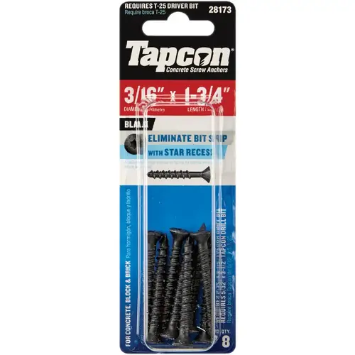 3/16 In. x 1-3/4 In. Black Star Head Concrete Screw Anchors (8 Ct.) 3/16 In. x 1-3/4 In. Black Star Head Concrete Screw Anchors (8 Ct.)