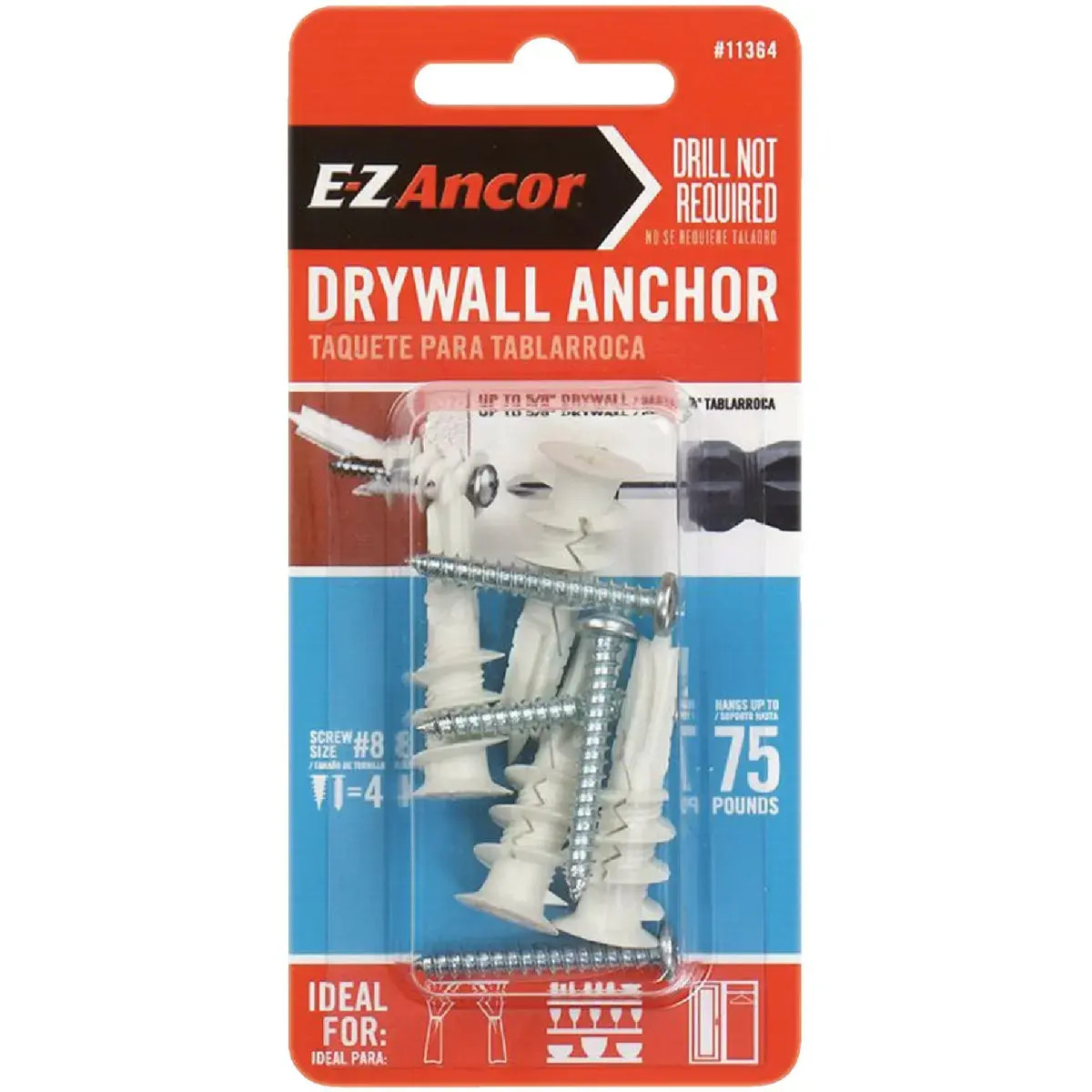 E-Z Ancor Twist-N-Lock #8 x 1-1/4 In. 75 Lbs. Drywall Anchor (4 Ct.) White 11364 E-Z Ancor Twist-N-Lock #8 x 1-1/4 In. 75 Lbs. Drywall Anchor (4 Ct.) White 11364