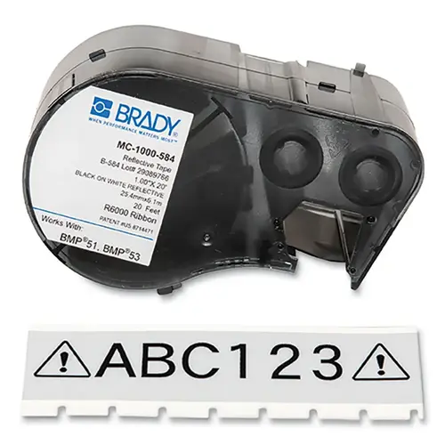 Brady BMP41 BMP51 BMP53 Reflective Label, .5 in W x 20 ft L, Black on White Brady BMP41 BMP51 BMP53 Reflective Label, .5 in W x 20 ft L, Black on White