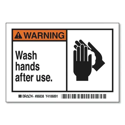 Warning Wash Hands After Use Label, 3-1/2 in H x 5 in W, Black/Orange on White - pack of 5 Warning Wash Hands After Use Label, 3-1/2 in H x 5 in W, Black/Orange on White - pack of 5