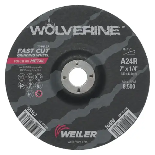 Wolverine  Grinding Wheel, 7 in dia x 7/8 in Arbor x 1/4 in Thick, AO, 24R Black