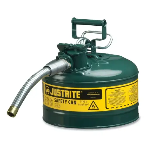 Type II AccuFlow Safety Can, Oil, 2.5 gal, Green, Includes 1 in OD Flexible Metal Hose Type II AccuFlow Safety Can, Oil, 2.5 gal, Green, Includes 1 in OD Flexible Metal Hose