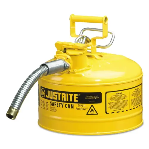 Type II AccuFlow Safety Can, Diesel, 2.5 gal, Yellow, Includes 1 in OD Flexible Metal Hose Type II AccuFlow Safety Can, Diesel, 2.5 gal, Yellow, Includes 1 in OD Flexible Metal Hose